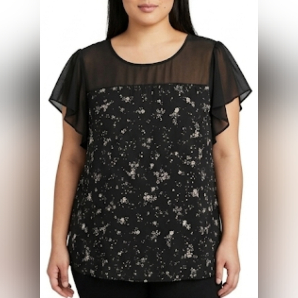 🪻Reitmans Black Floral Flutter Sleeve Blouse🪻 size:2X